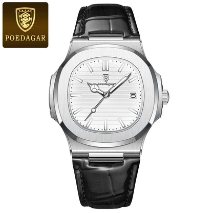 Luxury Silver Leather Quartz Watch